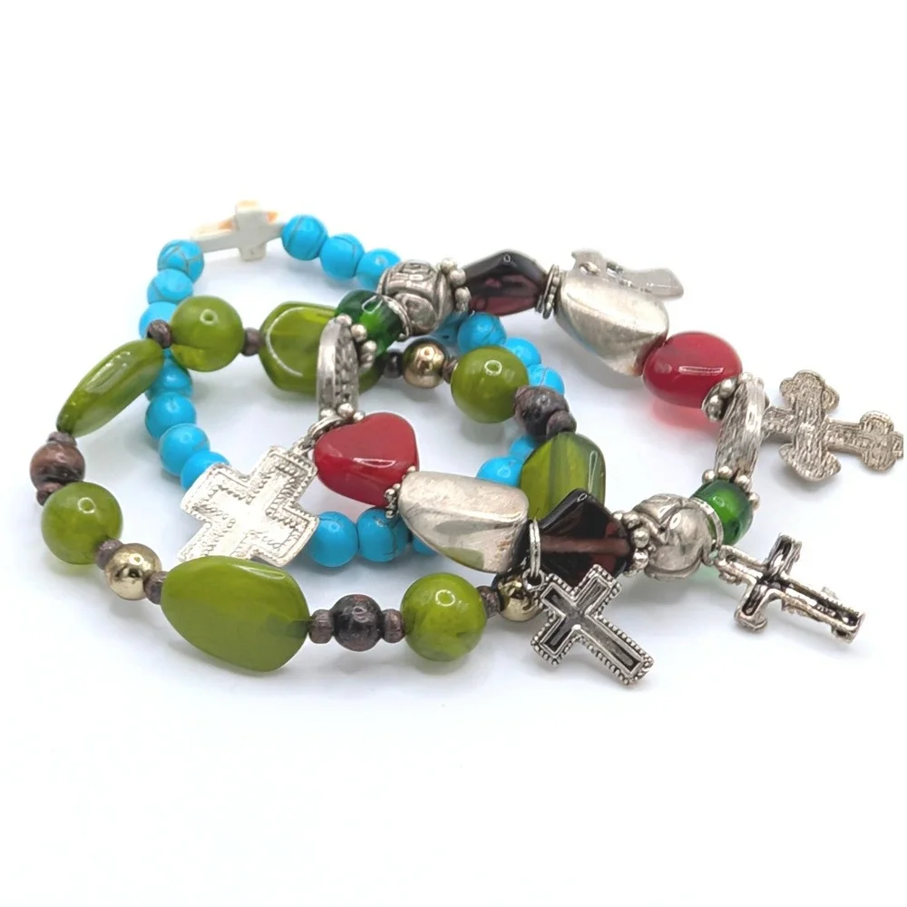 Stack of 3 Stretch Bracelets Cross Charms Turquoise Green Costume Christian